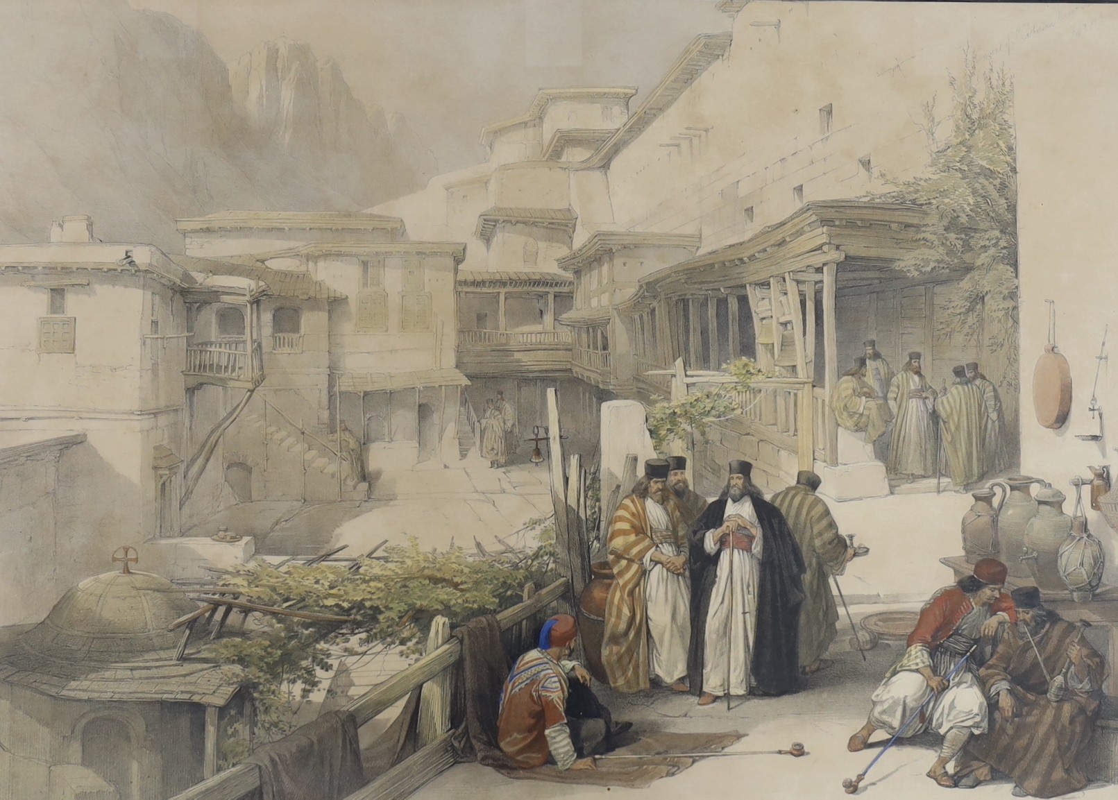 David Roberts (1796-1864), three hand coloured lithographs, 'Ascent of the Lower Range of Sinai', 1839, plate 8, 'Monks of St Catherine's Monastery', 1839, plate 16 and 'Petra', 1839, plate 24, largest 34 x 48cm